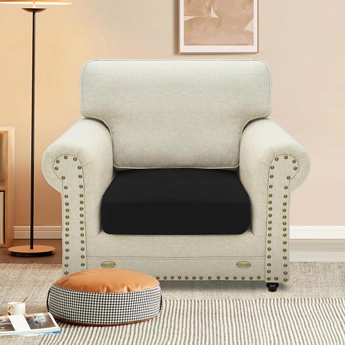 MAXIJIN Velvet Stretch Cushion Cover Fitted Couch Cushion Slipcovers 1 Pack Arm Chair Seat Cushion Cover for Individual Cushion Sofa Chair with Elastic Bottom (Chair Cushion, Black)