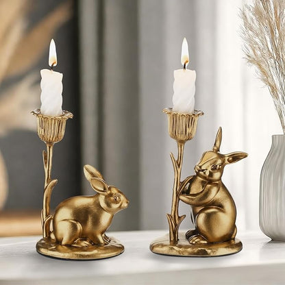 Havawish 2 Pcs Easter Bunny Taper Candle Holder Vintage Gold Bunny Decorations Rustic Candlesticks Pedestal Rabbit Centerpieces Decor for Easter Home Mantle Table