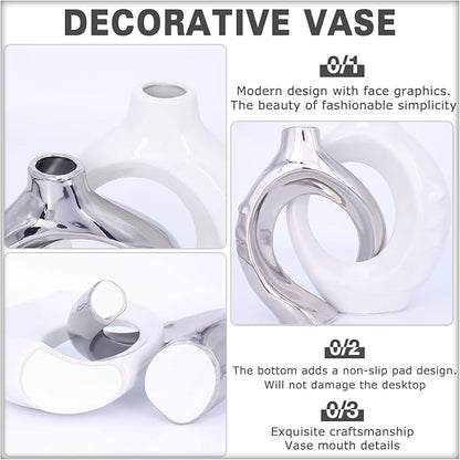White Ceramic Vase Set of 2, White and Silver Round Donut Ceramic Decorative Vase for Living Room Decor, Bookshelf, Mantel, Dining Table Centerpiece Decor (White Silver)