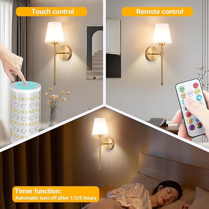 Battery Operated Wall Sconce: Peel and Stick Adhesives Stick On Non Drill Wall Light, Rechargeable Wireless Wall Lamp with Battery Corn Bulb for Bedroom Wall Decor (Gold,20inch)