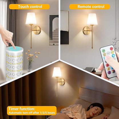 Battery Operated Wall Sconce: Peel and Stick Adhesives Stick On Non Drill Wall Light, Rechargeable Wireless Wall Lamp with Battery Corn Bulb for Bedroom Wall Decor (Gold,20inch)