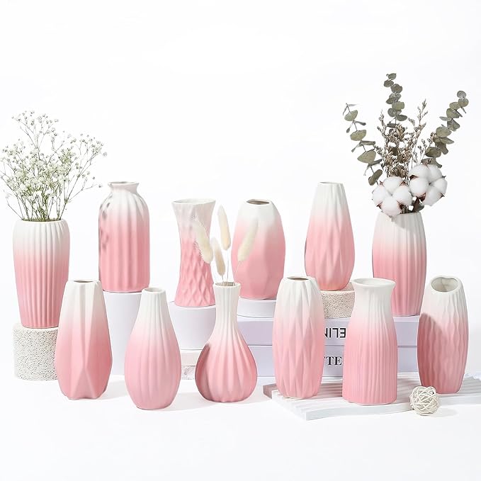 BEAHOT Ceramic Bud Vases Set of 12 – Gradient Pink and White Small Vases for Centerpieces – Elegant Mini White Bud Jars for Weddings, Home Decor, and Table Display – Perfect for Flowers and Gifts