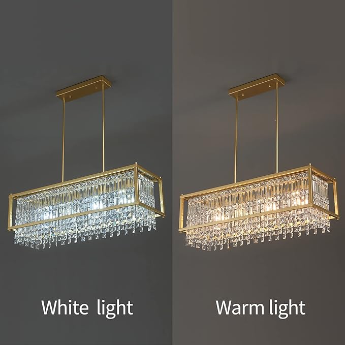 LMQNINE Modern Rectangle Chandelier for Dining Room, Gold Crystal Chandelier Linear Light Fixture, Farmhouse Chandeliers for Kitchen Island, Bar Table, L35.43'' x W11.81'' x H9.84''