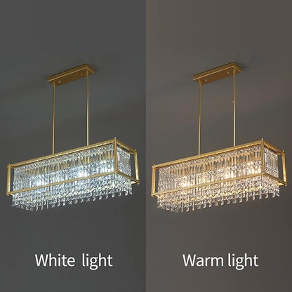 LMQNINE Modern Rectangle Chandelier for Dining Room, Gold Crystal Chandelier Linear Light Fixture, Farmhouse Chandeliers for Kitchen Island, Bar Table, L35.43'' x W11.81'' x H9.84''