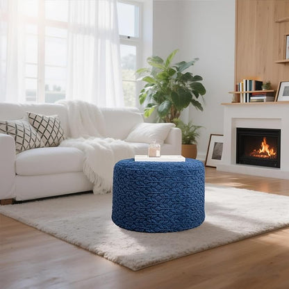 Round Pouf Ottoman Stuffed 20 x 20 x 14 Inches Boho Poof Foot Stool Home Decor Floor Pouffe Ottoman Foot Rest for Couch Sofa Bean Bag Chairs Living Room Bedroom (Navy Blue)