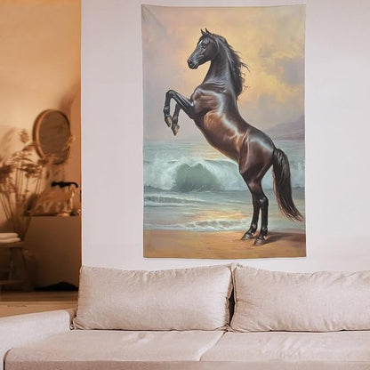 JYOUQOC Horse Animal Stands On The Beach Tapestry Large Wall Art Backdrop Flag Wall Hanging Decor for Living Room Bedroom Dorm Office 60"×90"