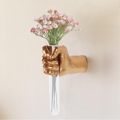 Unique Wall Sculptures, Hand Vases Home Decor, Wall Mount Art Sculpture, Unique Wall Art Statue, Funky Flower Vase Decorations, Modern Eclectic Hanging Decor,Glass Test Tube Vase (Gold)