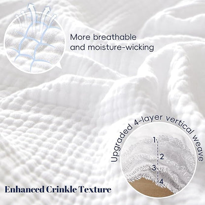 PHF 100% Cotton Muslin Throw Blanket 50" x 60", 4-Layer Lightweight Gauze Throw, Breathable Cloud-Soft Minimalist Blanket for Bed, Couch, Camping & Baby, White, Ideal Gift