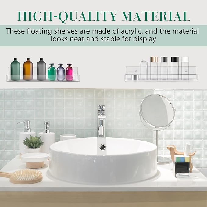 Blulu 8 Packs 14 Inch Acrylic Floating Shelf Wall Mounted Invisible Acrylic Shelf Ledge Floating Bookshelf for Living Room Office Bedroom Bathroom Kitchen Decoration Space Save (Clear)