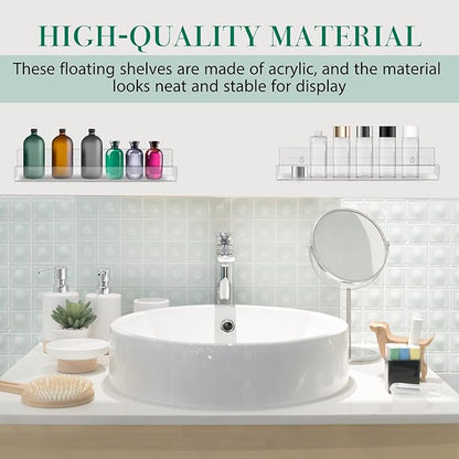 Blulu 8 Packs 14 Inch Acrylic Floating Shelf Wall Mounted Invisible Acrylic Shelf Ledge Floating Bookshelf for Living Room Office Bedroom Bathroom Kitchen Decoration Space Save (Clear)