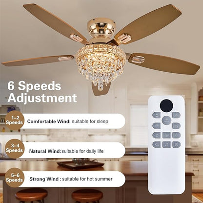 Crystal Ceiling Fan Fandelier with Lights-Ceiling Fans with Lights,50" Low Profile and Remote Control, Flush Mount, Reversible, Dimmable, Noiseless,Gold Ceiling Fan for Bedroom
