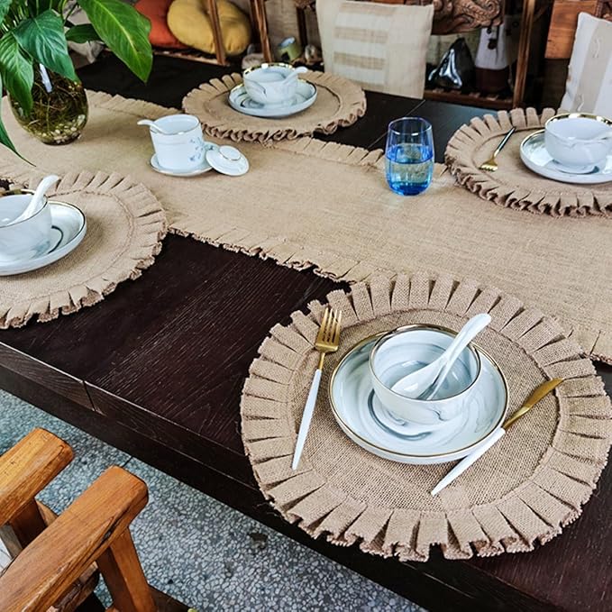 2Pcs Round Woven Jute Placemats with Ruffled Edges Retro Rustic Insulated Table Mats Non-Slip Decorative Place Mats for Dining Kitchen Parties and Restaurants