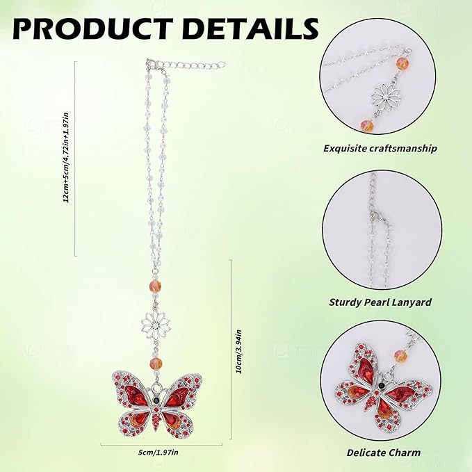 Red Crystal Butterfly Car Charms - Vintage Rear View Mirror Hanging Ornament, Sun Catcher Window Pendant for Car Interior Decoration, Halloween for Mom Aunt Women