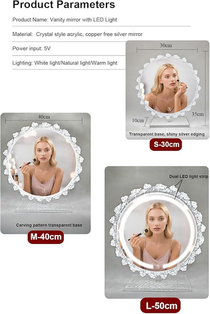 Crystal LED Vanity Mirror with Touch Control 3 Color Lights, Dimming 360° Rotation Desktop Elegant Decorative Hollywood HD Makeup Mirror