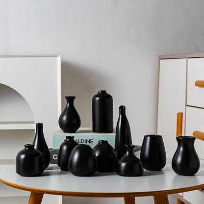 Tanvecle Black Ceramic Bud Vase Set of 11, Small Vases for Pampas Grass, Flowers, Mini Vases for Modern Home Decor, Minimalist Decor, for Living Room, Dining Table & Shelves