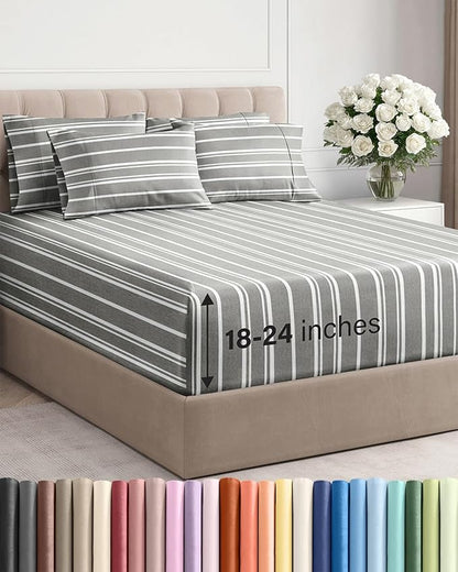 Extra Deep Queen Sheet Set - 6 Piece Breathable and Cooling Sheets - Hotel Luxury Bed Sheets Set - Easy Fit - Soft, Wrinkle Free and Comfy Sheets Set - Grey Striped Sheet Set with Extra Deep Pockets