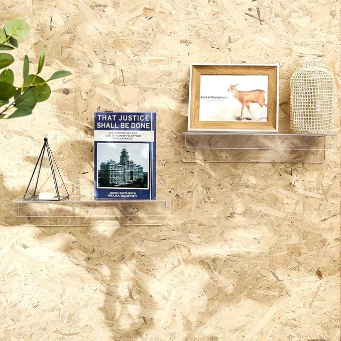 4 Pcak Clear Acrylic Shelves for Bedroom,Room,15 Inch Bathroom Wall Shelf & Organizer,Invisible Floating Shelves & Wall Storage for Collectibles Perfume Shelf,Record,Funko Pop,Lego Display,Bookshelf