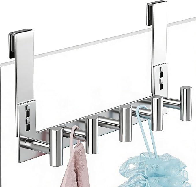 PMMASTO Shower Door Hooks, (7.5 Inch) Extended Towel Hook for Bathroom Frameless Glass Shower Doors, Stainless Steel Heavy Duty Holder for Hanging Robe,Towel (Silver 5 T-Hooks-Fits 3/8" Thick Door)