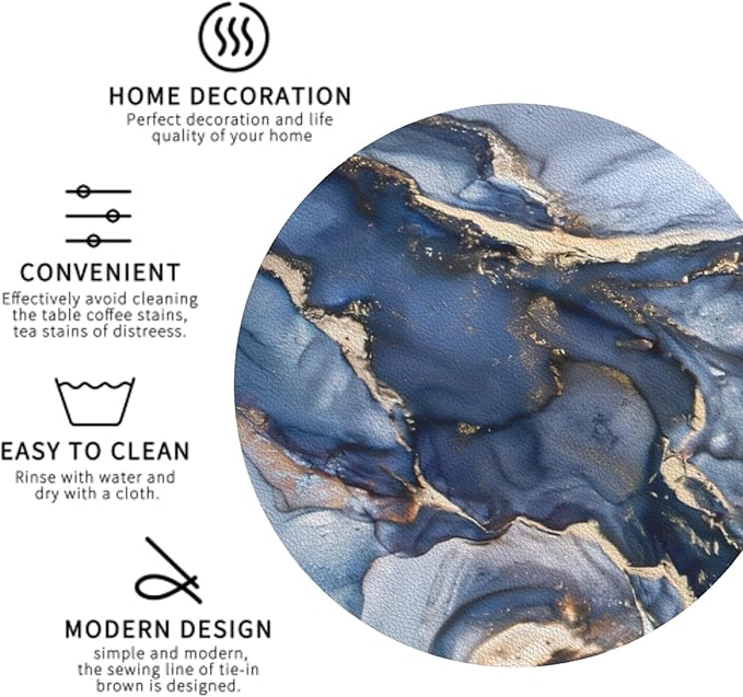 Navy Blue Marble Abstract Coaster Set of 4 Stone Texture Cup Coasters for Drinks Waterproof Wipeable PVC Round Coasters Mat for Coffee Beer Wine Outdoor Patio Table Bar Desk Seasonal Desk Decor