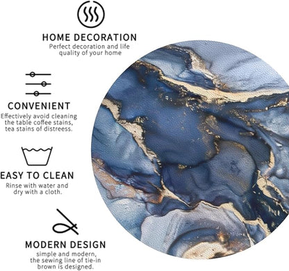 Navy Blue Marble Abstract Coaster Set of 4 Stone Texture Cup Coasters for Drinks Waterproof Wipeable PVC Round Coasters Mat for Coffee Beer Wine Outdoor Patio Table Bar Desk Seasonal Desk Decor