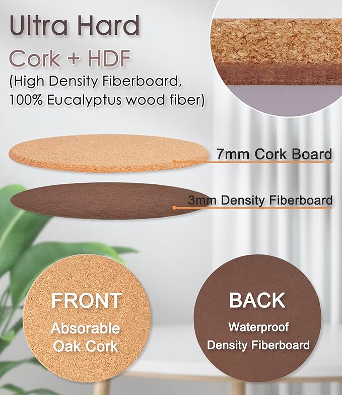 Cork Plant Coasters, Double Layers Hard Thick Planter Coaster, 12 Inch Absorbent Mats, Cork Trivets for Hot Dishes, Coasters for House Plants, 2 Pcs