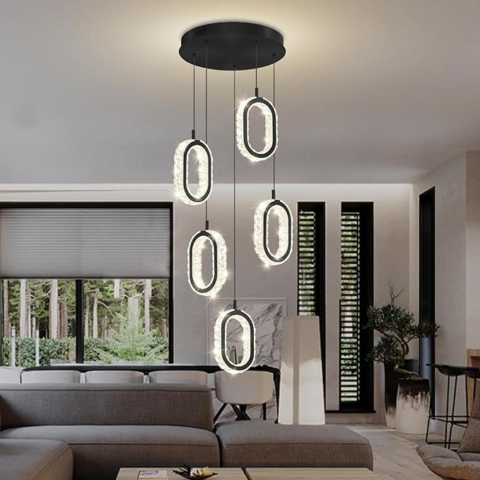 Dimmable Rings Chandelier for Staircase, Black Crystal Ring Chandelier High Ceiling 5-Light Oval Ring Pendant Light for Living Room,Hallway, Entryway, Bedroom