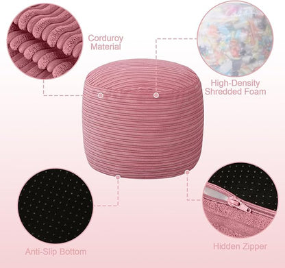 MeMoreCool Stuffed Round Pouf Ottoman Foot Rest, Soft Plush Floor Pouf Foot Stool, Corduray Footstool Footrest, Small Round Ottoman for Living Room Couch Sofa Chair, 20x15 Inch Pink