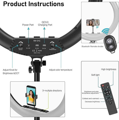 Hagibis 21 inch Ring Light with Stand Outer 55W 5600k Dimmable LED Light, Tripod Stand,and Phone Holder，Remote Controller,Carrying Bag ，CRI 97+ 2540lux, for Streaming Home Office Zoom Call Lighting