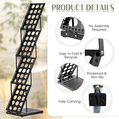 Tatuo 1 Piece Foldable Magazine Rack Metal Catalog Literature Rack Portable 4 Pockets with Carrying Bag Brochure Stand Literature Display Holder Stand for Exhibition Trade Show