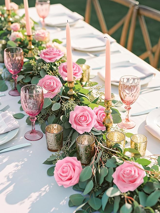 N&T NIETING Artificial Flowers Pink Roses, 25Pcs Fake Flowers Foam Roses with Stems for Valentines Day DIY Wedding Bridesmaid Bridal Bouquets Centerpieces Party Home Decoration Baby Shower
