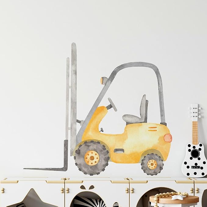 Construction Forklift Wall Decal for Boys Room, Lift Truck Construction Eqipment Peel Stick Removable Fabric Wall Sticker, Nursery or Playroom Decor, Repositionable (24 inch: 21" Tall x 24" Wide)
