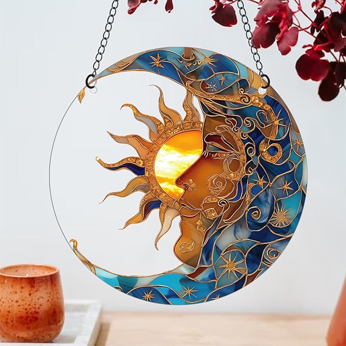 Sun and Moon Stained Acrylic Window Hanging,Sun Catcher Window Decor,Outdoor Garden Decor Gift for Women Christmas Thanksgiving Gift