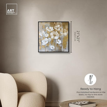 Art Remedy Golden Daisies Canvas Elegant White Gold Wall Art, Black Frame, 20" x 20"
