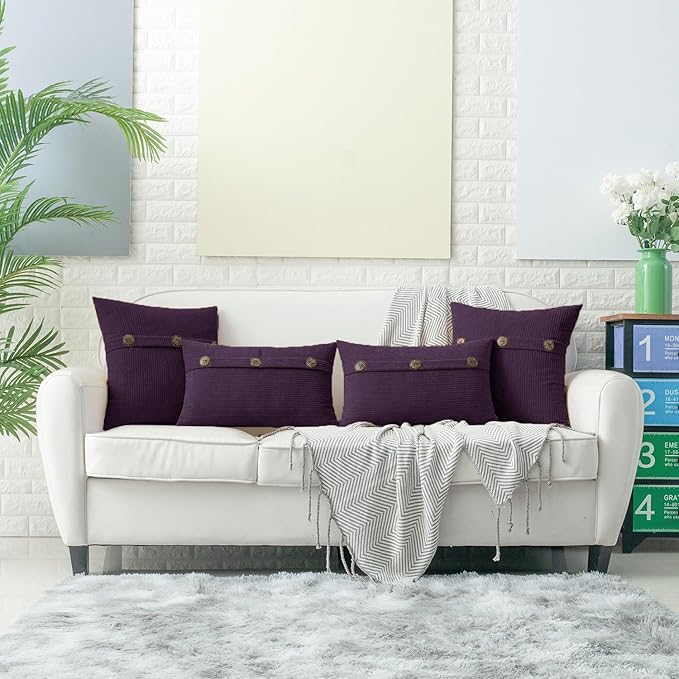 HWY 50 Purple Chenille Throw Pillow Covers 12x20 Inch with Triple Buttons, Soft Farmhouse Accent Decorative Cushion Cases for Couch Sofa Bed Living Room Pack of 2 Rectangle