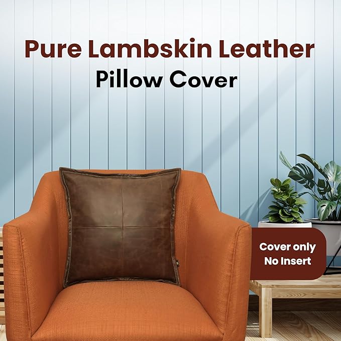 LL LEATHER LOVERS Lambskin Leather Pillow Cover - Sofa Cushion Case - Decorative Throw Covers for Living Room & Bedroom, 20x20 Inches - Chiku Brown Box Pack of 1