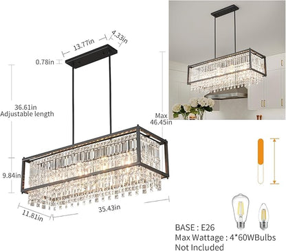 LMQNINE Modern Rectangle Chandelier for Dining Room, Black Crystal Chandelier Linear Light Fixture, Farmhouse Chandeliers for Kitchen Island, Bar Table, L35.43'' x W11.81'' x H9.84''
