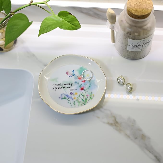 HOME SMILE Friend Chritian Gifts for Women Jewelry Ring Dish Tray with Dynamic Butterfly&Flower Pattern Shifts,A Sweet Friendship Refresh the Soul-Best Friend BFF Birthday Graduation Retirement Gifts