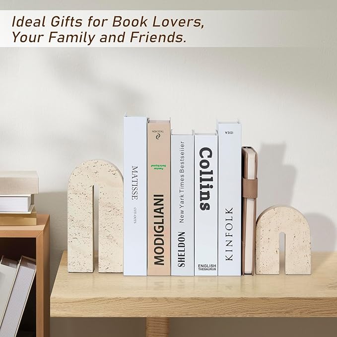 Book Ends for Shelves, Resin Heavy Duty Decorative Bookends, Retro Arch Book Holder for Heavy Books, Imitation Travertine Book Stopper for Home Decor, Study, Bookshelf, Desktop, Set of Two