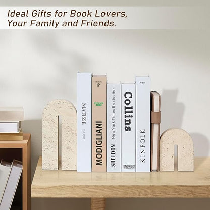 Book Ends for Shelves, Resin Heavy Duty Decorative Bookends, Retro Arch Book Holder for Heavy Books, Imitation Travertine Book Stopper for Home Decor, Study, Bookshelf, Desktop, Set of Two
