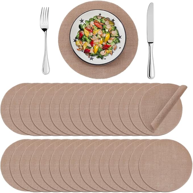 52pcs Round Burlap Placemats 12 Inch Reusable Woven Placemats Heat Resistance Natural Jute Boho Rustic Farmhouse Holiday Table Mats for Dining Tables Parties Restaurants Indoor Outdoor