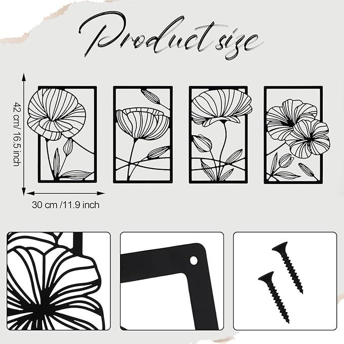 Cunno 4 Pcs Metal Wall Art 16.5 x 11.8'' Line Art Wall Decor Floral Minimalist Decor Hanging Flower Aesthetic Modern for Living Room Bedroom Bathroom Kitchen Decoration(Black)