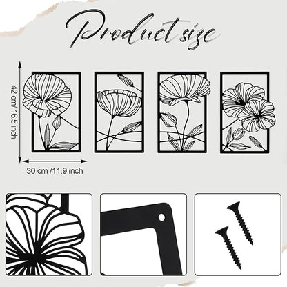 Cunno 4 Pcs Metal Wall Art 16.5 x 11.8'' Line Art Wall Decor Floral Minimalist Decor Hanging Flower Aesthetic Modern for Living Room Bedroom Bathroom Kitchen Decoration(Black)