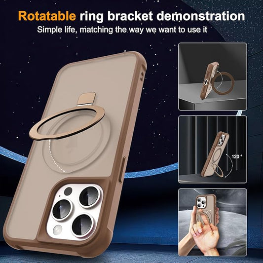 Compatible with iPhone 15 Pro Max Case with Invisible Magnetic O-Ring Stand Military-Grade Translucent Case for iPhone 15 ProMax 6.7" [Compatible with Mag-Safe][Great Grip Feeling],Desert Brown