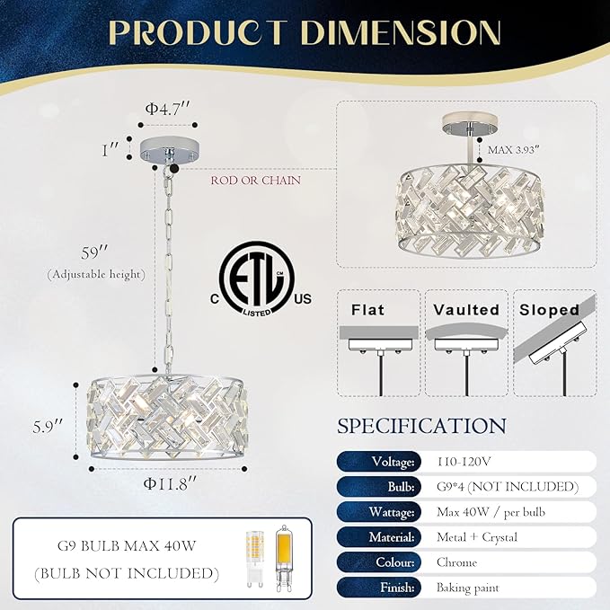 Chrome Crystal Chandelier 4-Light, 12" Modern Round Drum Ceiling Light, Semi Flush Mount Crystal Pendant Fixture for Kitchen Island, Dining Room, Bedroom, Entryway, Hallway