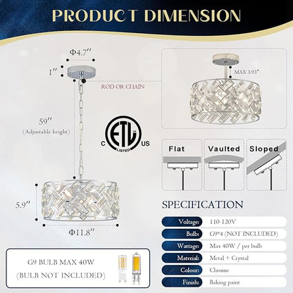 Chrome Crystal Chandelier 4-Light, 12" Modern Round Drum Ceiling Light, Semi Flush Mount Crystal Pendant Fixture for Kitchen Island, Dining Room, Bedroom, Entryway, Hallway
