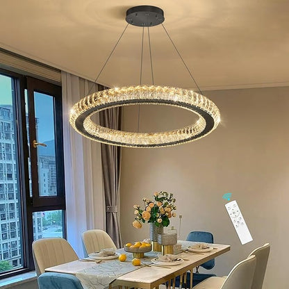 LED Chandelier Modern Dimmable Dining Room Chanderliers Entryway Crystal Ring Pendant Lights for Kitchen Bedroom Living Room Black Light