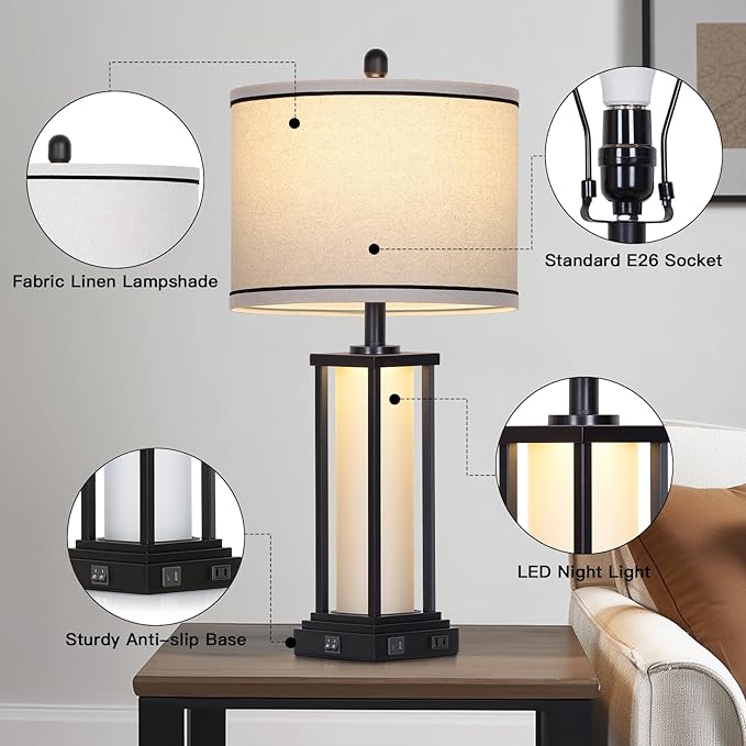 27in Tall Farmhouse Table Lamp with USB C+A & Outlet,Black Industrial End Table Lamp for Living Room,Vintage Rustic Bedside Lamp with Night Light for Bedroom Nightstand,Single Black