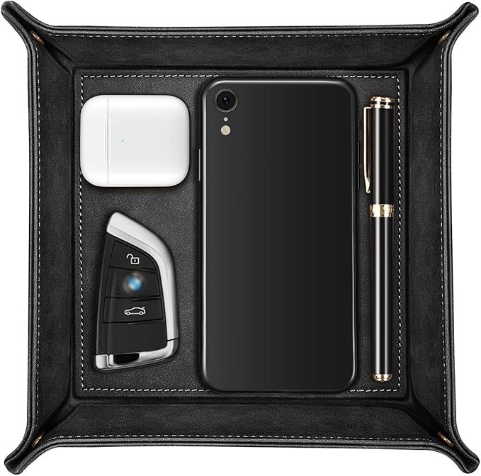 SITHON Valet Tray Desktop Storage Organizer – Premium PU Leather Catchall Bedside Vanity Tray Nightstand Caddy Holder for Remote Controller, Keys, Phone, Wallet, Coin, Jewelry, Black