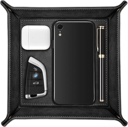 SITHON Valet Tray Desktop Storage Organizer – Premium PU Leather Catchall Bedside Vanity Tray Nightstand Caddy Holder for Remote Controller, Keys, Phone, Wallet, Coin, Jewelry, Black