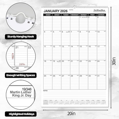 OuMuaMua Extra Large Wall Calendar 2026, 30" X 20" Vertical Jumbo Wall Calendar 2026-2027,18-Month Hanging Planner Wall From 2026 Jan - 2027 Jun with Spiral Bound For School Home Office Organizing